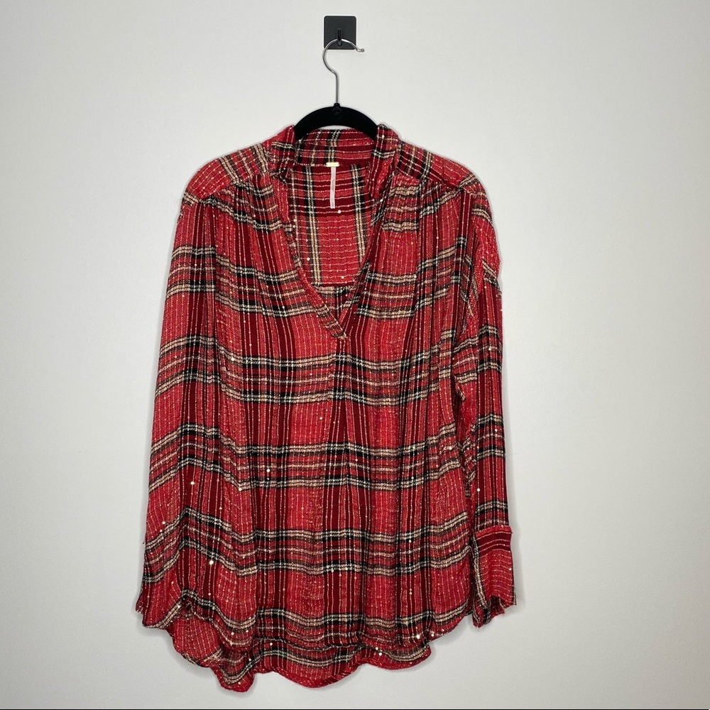 Free People Flowy Red Plaid Shirt